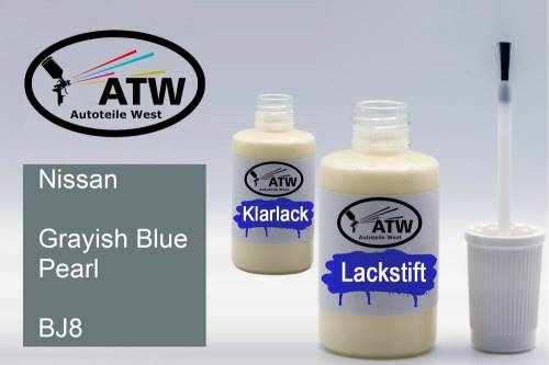 Nissan, Grayish Blue Pearl, BJ8: 20ml Lackstift + 20ml Klarlack - Set, von ATW Autoteile West.